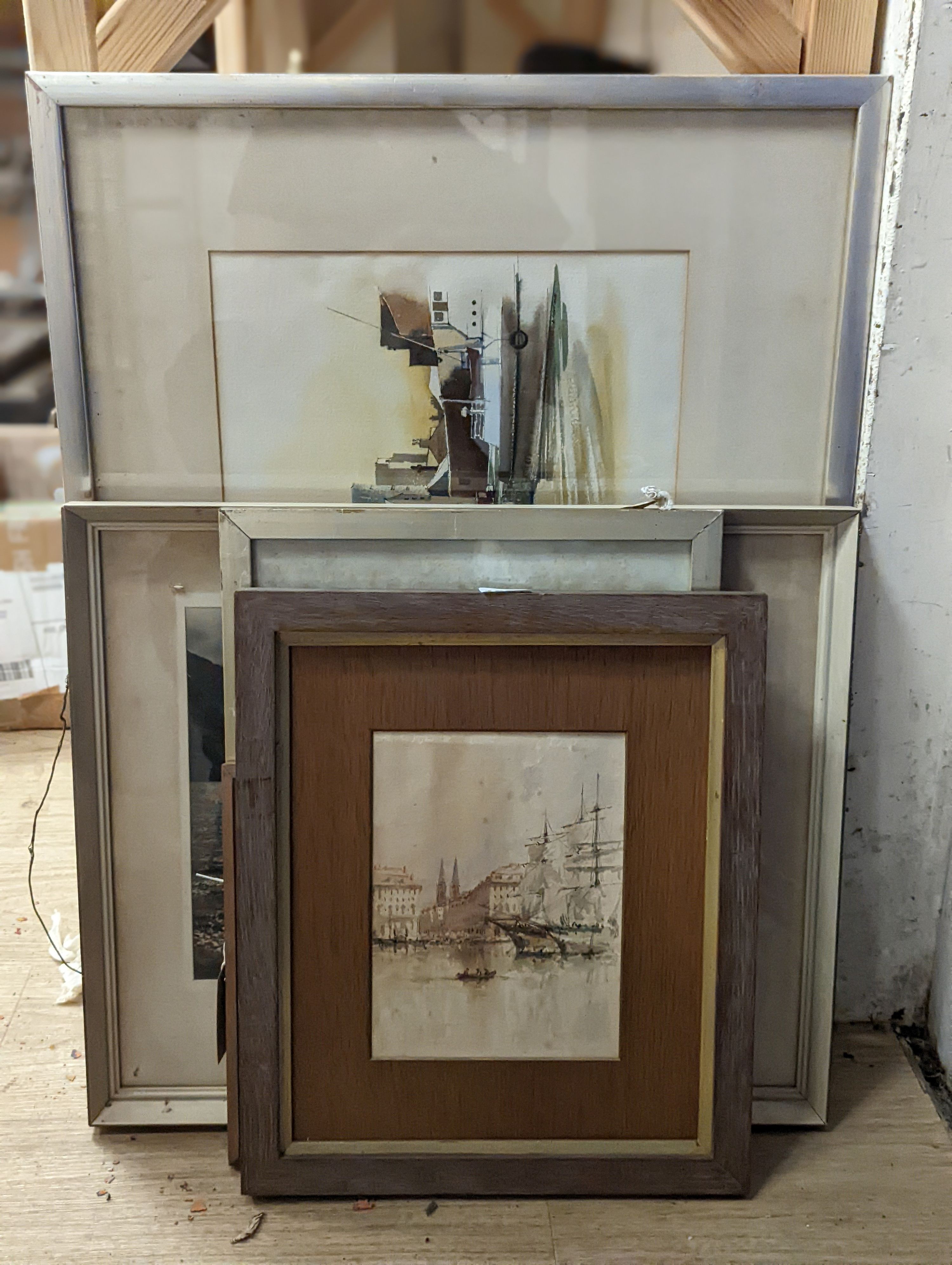 Six assorted paintings and prints including a watercolour harbour scene, 21 x 16cm